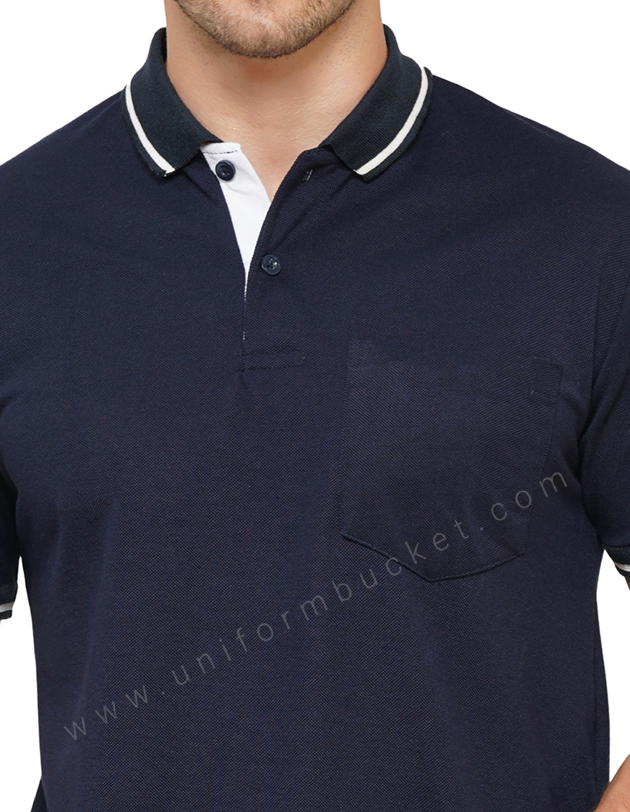 NAVY BLUE T-SHIRT WITH COLLAR & SLEEVE  WHITE TIPPING thumbnail 4